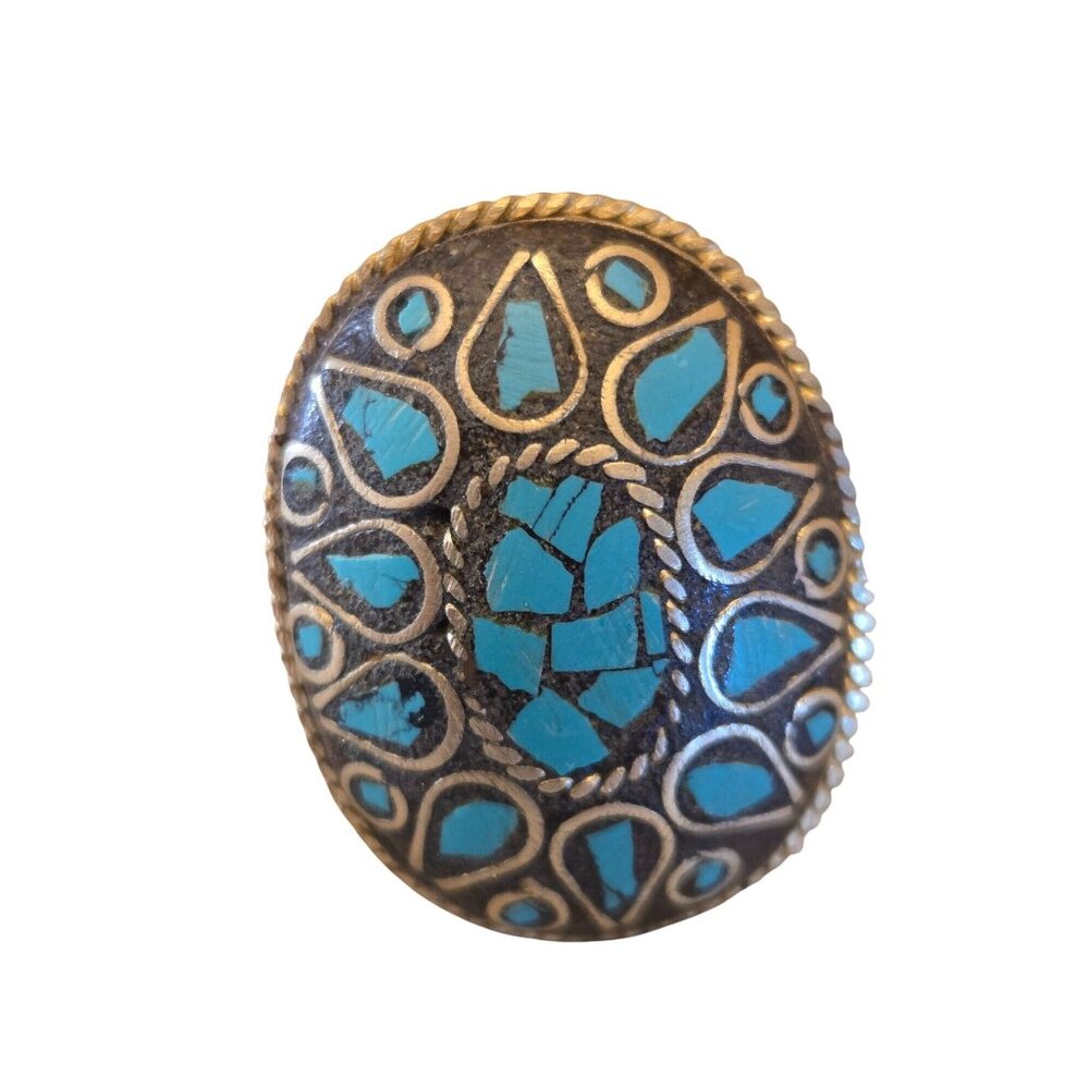 Vintage Boho‎ Turquoise Mosaic Statement Ring Brass Oval Tribal Style
